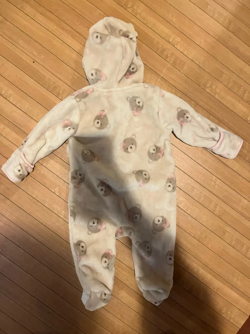 NEW Chick Pea Cozy Bear Print Hooded One-Piece in Cream and Pink